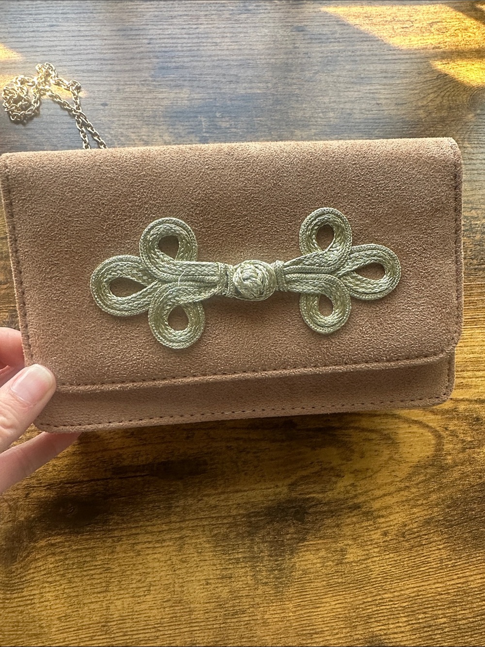 Lisi Lerch Suede Gold Chain Crossbody Bag with Decorative Knot